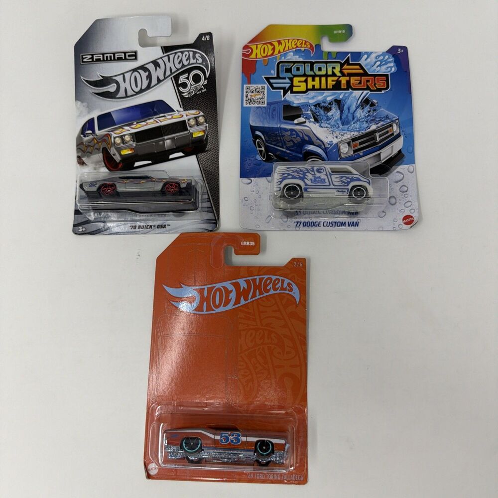 3 Hot Wheels Collector Cars GRR35 Talladega, Color Shifters Van, Zamac 50th GSX